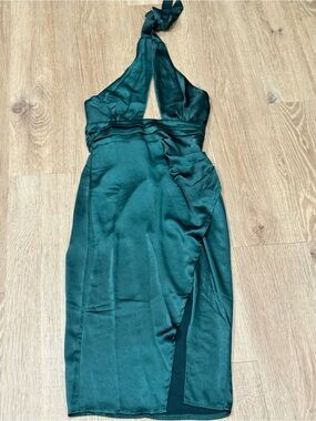 Saints + Secrets Green Satin Halter Midi Dress Event Wedding Guest